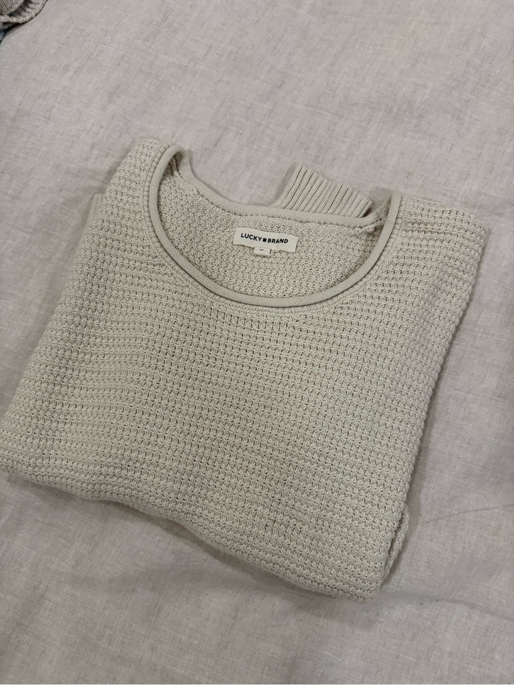 Lucky Brand Women's Light Cream Waffle Crew Neck Sweater